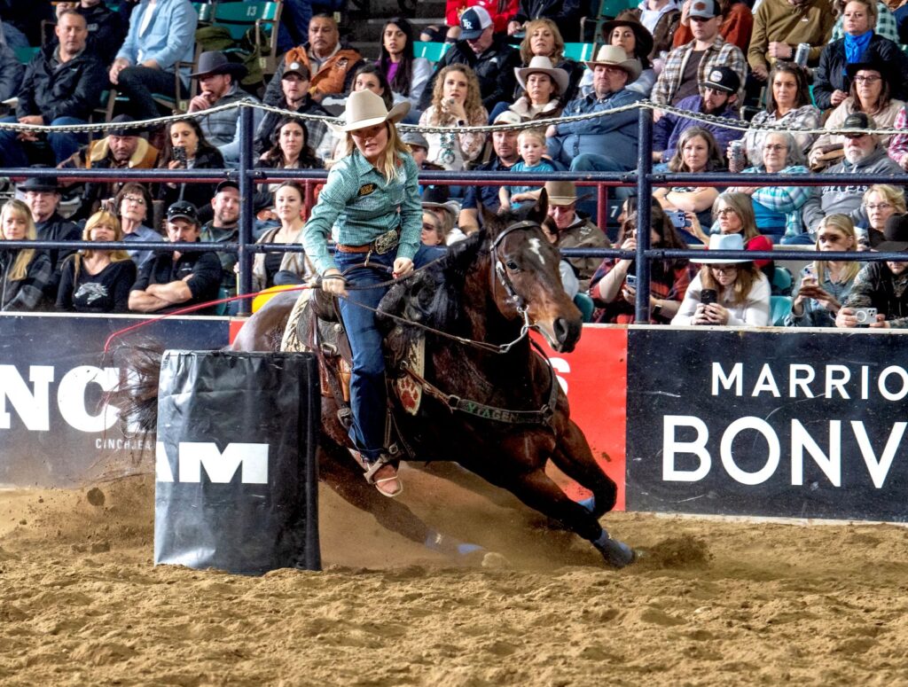 Tessa Arnold is the latest barrel racer to set an arena record in 2024. Arnold from Coleman, Texas took Latte Ditto around the pattern in 14.50 seconds to surpass the record of 14.63 set earlier this week by Hailey Kinsel. NWSS courtesy photo.
